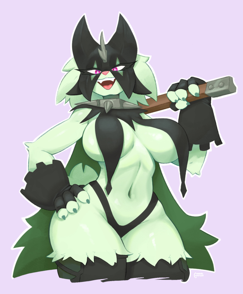 anthro big_breasts breasts clothing female fur generation_9_pokemon green_body green_fur hi_res holding_object meowscarada nintendo panties pokemon pokemon_(species) solo ttothep_arts underwear wide_hips