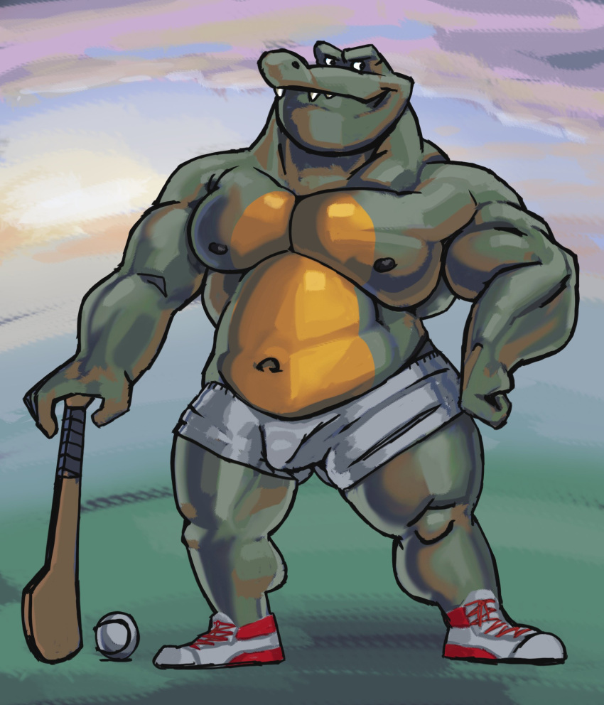 absurd_res ball biceps birdy bottomwear bulge clothed clothing crocodilian footwear genital_outline hi_res male navel nipples pecs penis_outline reptile scalie shoes shorts smile solo tenting topless