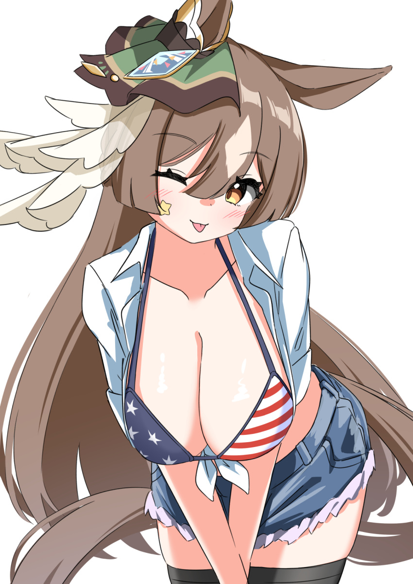 1girl ;p akame00 american_flag_bikini animal_ears bikini bikini_top_only black_thighhighs blush breasts brown_hair cleavage cowboy_shot cutoffs facial_mark flag_print head_tilt highres horse_ears horse_girl horse_tail large_breasts leaning_forward long_hair looking_at_viewer one_eye_closed open_clothes open_shirt satono_diamond_(umamusume) shirt short_shorts short_sleeves shorts simple_background solo star_(symbol) swimsuit tail thighhighs tongue tongue_out umamusume very_long_hair white_background white_shirt