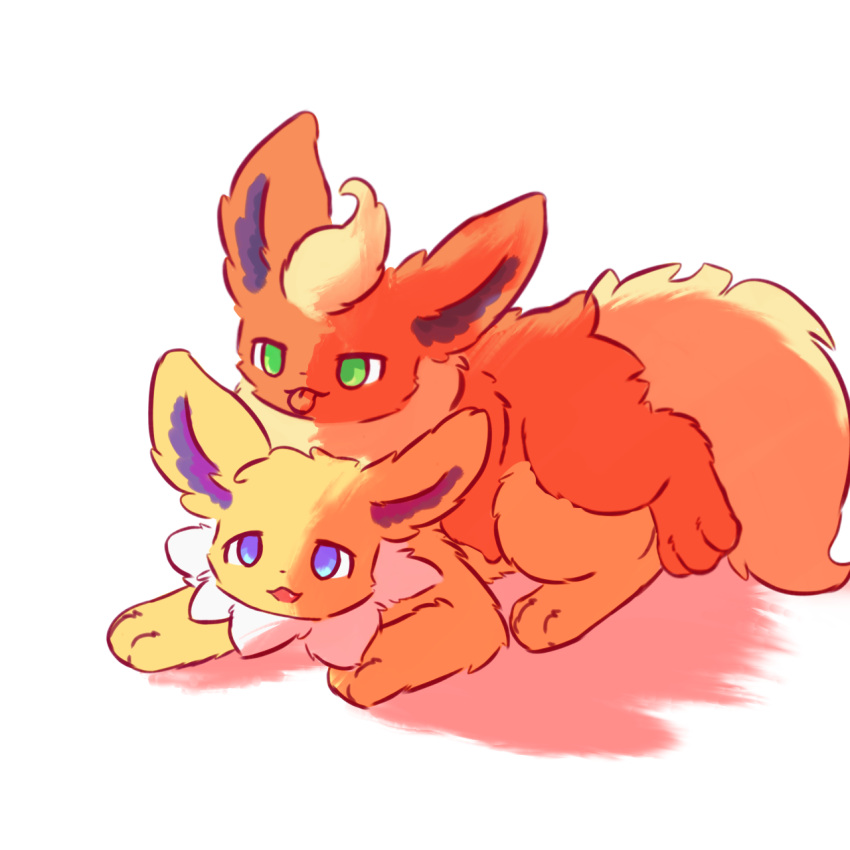 1:1 ambiguous_gender ambiguous_penetrated digital_media_(artwork) duo eeveelution feet feral feral_on_feral flareon fur generation_1_pokemon hi_res inner_ear_fluff jolteon long_ears male male/ambiguous male_penetrating male_penetrating_ambiguous mrcat11 nintendo open_mouth orange_body orange_ears orange_fur penetration pokemon pokemon_(species) sex simple_background smile tail toes tongue tuft yellow_body yellow_ears yellow_fur