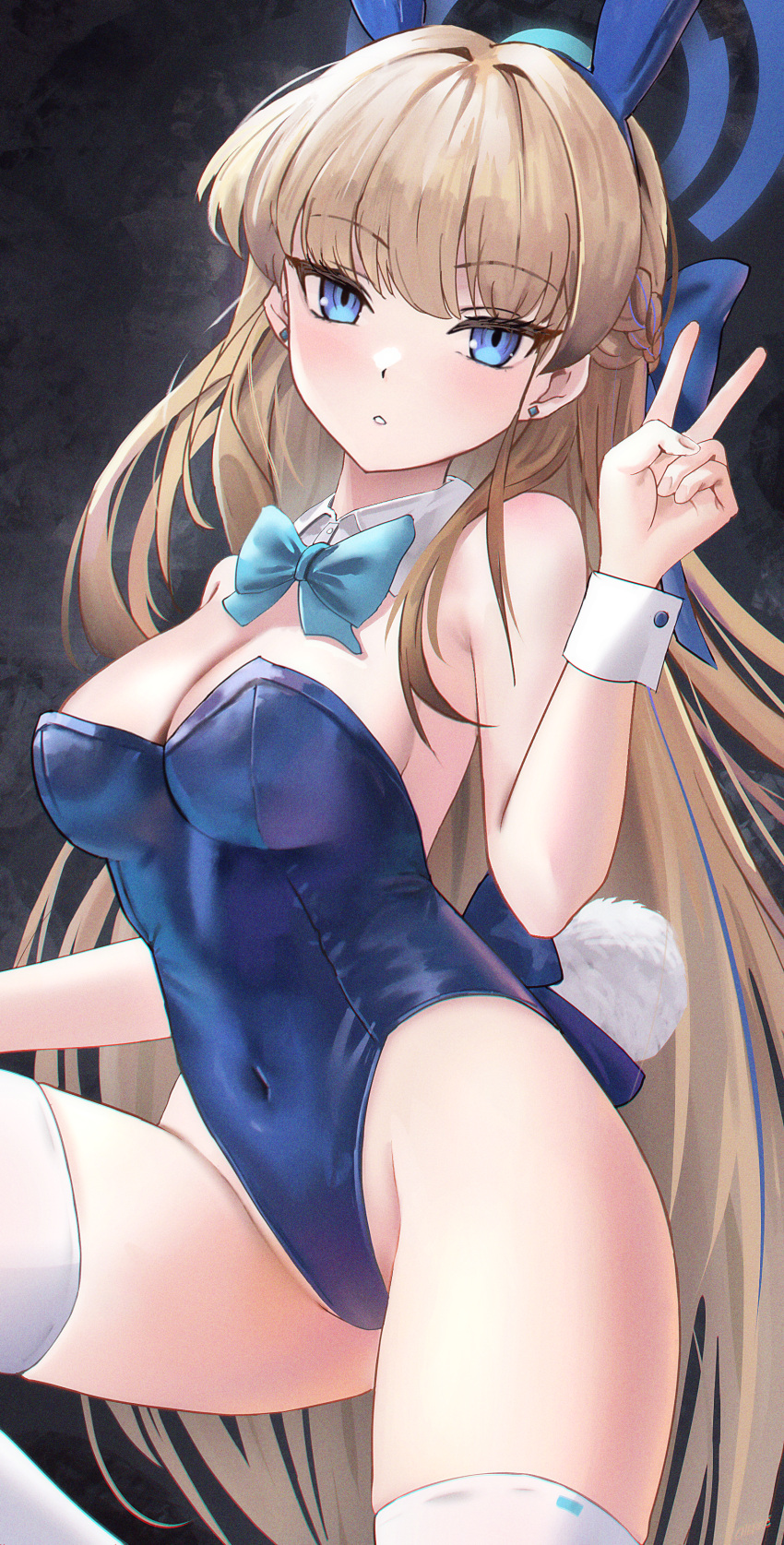 1girl absurdres animal_ears aqua_bow aqua_bowtie bare_shoulders blonde_hair blue_archive blue_eyes blue_leotard bow bowtie breasts cherre cleavage covered_navel detached_collar earpiece fake_animal_ears fake_tail halo highleg highleg_leotard highres leotard long_hair looking_at_viewer medium_breasts official_alternate_costume playboy_bunny rabbit_ears rabbit_tail solo strapless strapless_leotard tail thighhighs toki_(blue_archive) toki_(bunny)_(blue_archive) v white_thighhighs white_wrist_cuffs wrist_cuffs