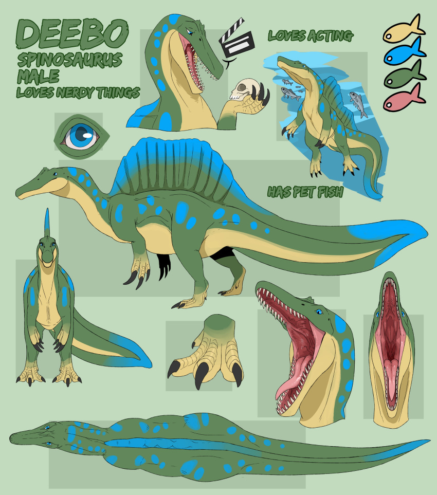 absurd_res ambiguous_gender biped bird's-eye_view blue_eyes blue_markings dinosaur fangs feral front_view glistening glistening_eyes green_body hi_res high-angle_view holding_skull imperatorcaesar male_(lore) markings model_sheet mouth_closed mouth_shot open_mouth red_tongue reptile scalie side_view simple_background solo spinosaurid spinosaurus teeth theropod tongue yellow_body