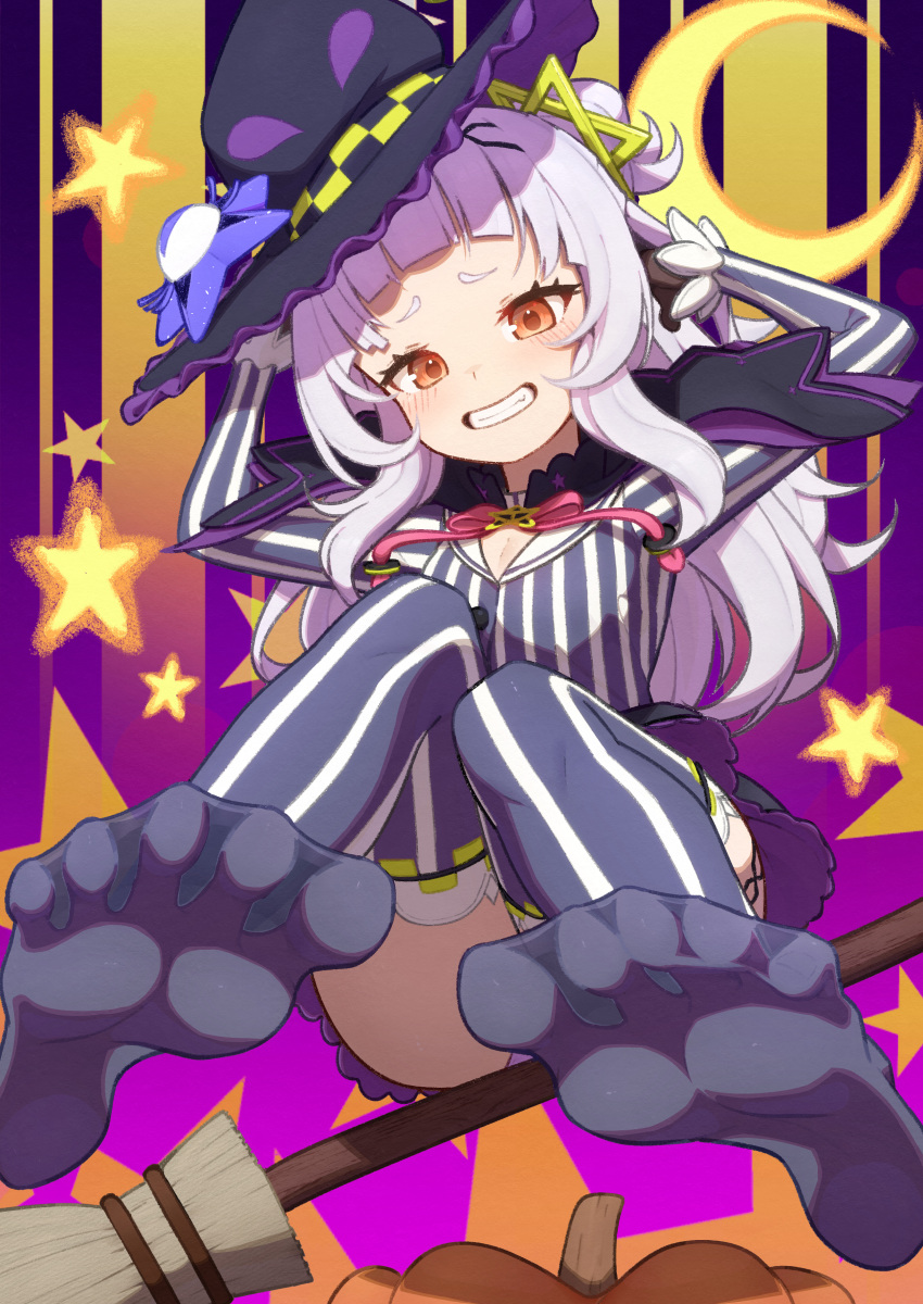 1girl absurdres arms_up black_gloves black_thighhighs blunt_bangs blush breasts broom brown_eyes cleavage convenient_leg crescent_moon cropped_shirt feet foot_focus full_body gloves hair_bun hair_ornament hat highres hololive knees_together_feet_apart knees_up legs long_hair long_sleeves looking_at_viewer lunch_boxer moon murasaki_shion murasaki_shion_(1st_costume) no_shoes panties patterned_background pinstripe_pattern purple_background purple_hair purple_panties shirt short_eyebrows single_side_bun sitting small_breasts soles solo spread_toes star_(symbol) striped striped_shirt striped_thighhighs thighhighs thighs toes underwear vertical-striped_shirt vertical-striped_thighhighs vertical_stripes virtual_youtuber white_thighhighs witch_hat