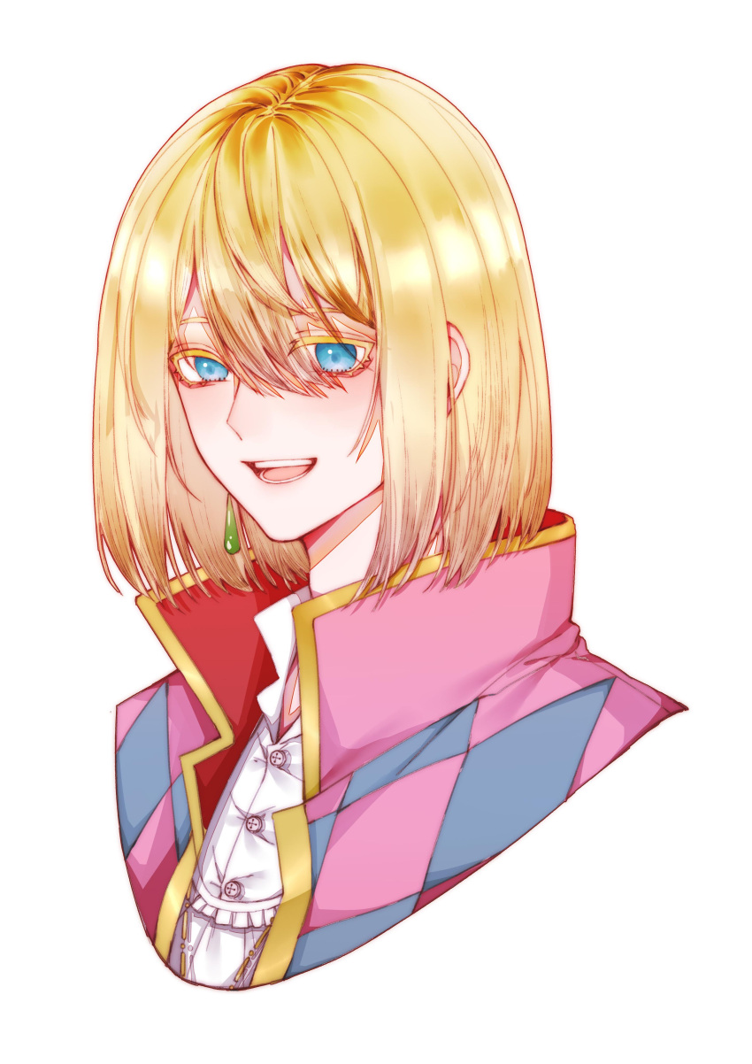 1boy :d absurdres baihua_er blonde_hair blue_eyes cropped_torso hair_between_eyes highres howl_(howl_no_ugoku_shiro) howl_no_ugoku_shiro jacket male_focus medium_hair pink_jacket portrait shirt smile solo teeth upper_teeth_only white_background white_shirt