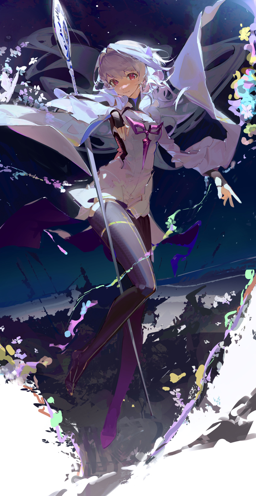 1girl absurdres black_thighhighs closed_mouth commentary_request dress fate/grand_order fate/grand_order_arcade fate/prototype fate_(series) fingerless_gloves full_body gloves hair_intakes highres holding holding_staff light_purple_hair long_hair long_sleeves looking_at_viewer merlin_(fate/prototype) purple_eyes smile solo sorashido staff thighhighs thumb_ring white_dress