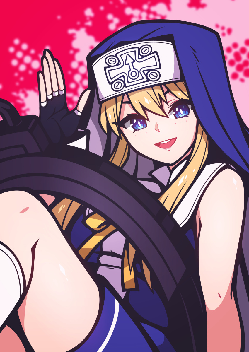 1boy absurdres bacon_strips black_gloves blonde_hair blue_dress blue_eyes blush bridget_(guilty_gear) cuffs dress fingerless_gloves gloves guilty_gear guilty_gear_xx habit handcuffs highres looking_at_viewer male_focus mars_symbol nun otoko_no_ko ribbon short_hair_with_long_locks yellow_ribbon