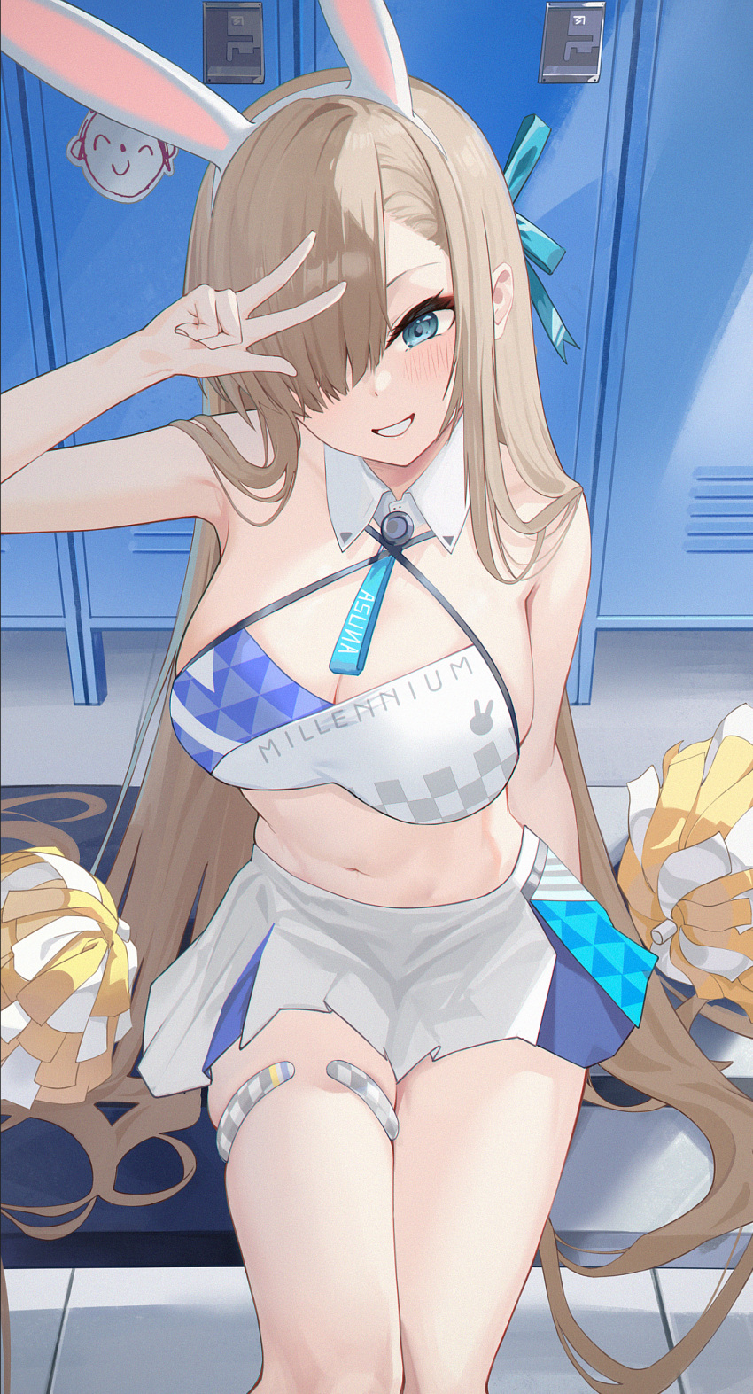 1girl animal_ears arona's_sensei_doodle_(blue_archive) asuna_(blue_archive) blue_archive blue_eyes breasts bsmycc cheerleader cleavage clothes_writing detached_collar fake_animal_ears grin hair_over_one_eye highres large_breasts light_brown_hair long_hair millennium_cheerleader_outfit_(blue_archive) pleated_skirt pom_pom_(clothes) rabbit_ears sensei_(blue_archive) skirt smile solo thigh_strap v white_skirt