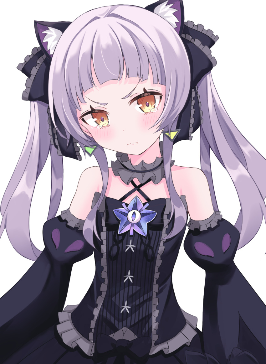 1girl animal_ear_fluff animal_ears black_dress black_ribbon black_sleeves blush cat_ears choker criss-cross_halter detached_sleeves dress frilled_choker frilled_ribbon frills gothic_lolita grey_choker grey_hair hair_ribbon halterneck highres hololive lolita_fashion long_hair looking_at_viewer minamino_3730 murasaki_shion murasaki_shion_(5th_costume) official_alternate_costume ribbon sidelocks twintails virtual_youtuber yellow_eyes