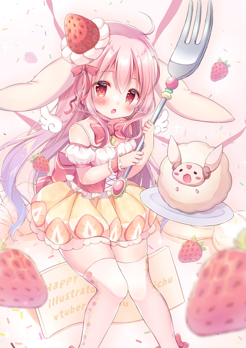 1girl animal_ears blush bow choker confetti detached_wings dress feet_out_of_frame food food-themed_clothes food-themed_hair_ornament fork fruit hair_ornament hair_ribbon hanasaki_chiyu hanasakichu highres holding holding_fork jewelry long_hair looking_at_viewer mini_wings open_mouth original oversized_object pendant pink_hair rabbit_ears rabbit_girl red_eyes ribbon sleeveless sleeveless_dress solo strawberry strawberry_hair_ornament streamers thighhighs underbust very_long_hair wings