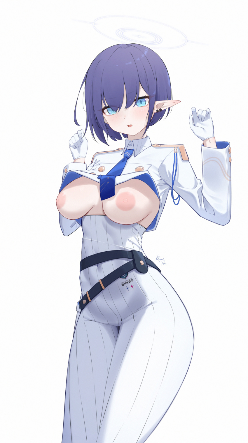 1girl absurdres aoi_(blue_archive) belt blue_archive blue_hair blue_necktie breasts collared_jacket commentary cowboy_shot cropped_jacket dongye1551 dress gloves halo high-waist_skirt highres long_sleeves looking_at_viewer medium_breasts mole mole_under_eye necktie nipples no_bra open_clothes open_mouth pointy_ears short_hair simple_background skirt solo white_background white_dress white_gloves white_uniform