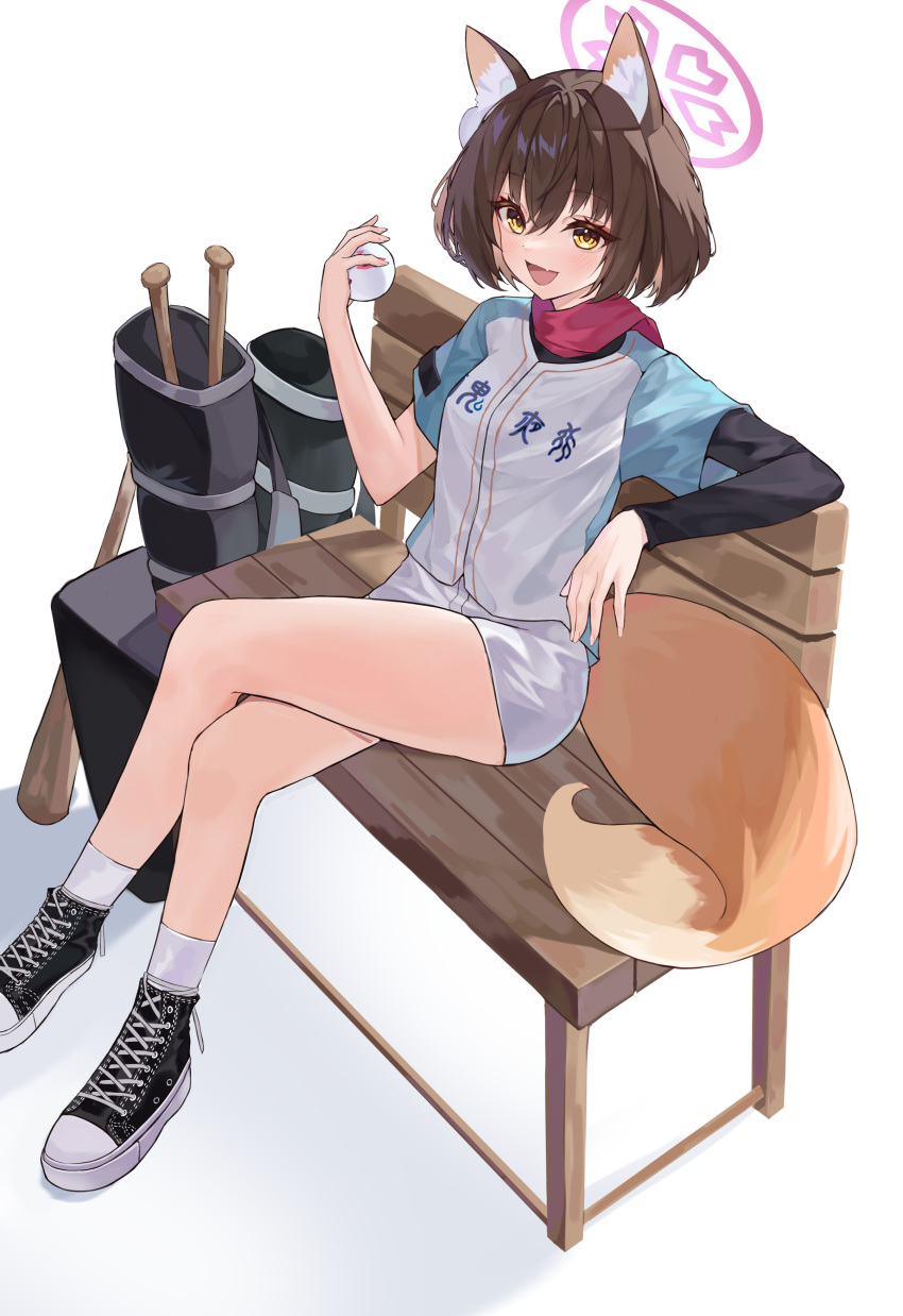 1girl absurdres alternate_costume animal_ear_fluff animal_ears ball baseball_bat black_footwear blue_archive brown_hair couch cross-laced_footwear crossed_legs fang fox_ears fox_girl fox_tail hair_between_eyes halo highres holding holding_ball izuna_(blue_archive) long_sleeves looking_at_viewer okey on_couch open_mouth red_scarf scarf shirt shoes short_hair short_sleeves shorts simple_background sitting smile socks tail white_background white_shirt white_shorts white_socks wide_sleeves yellow_eyes