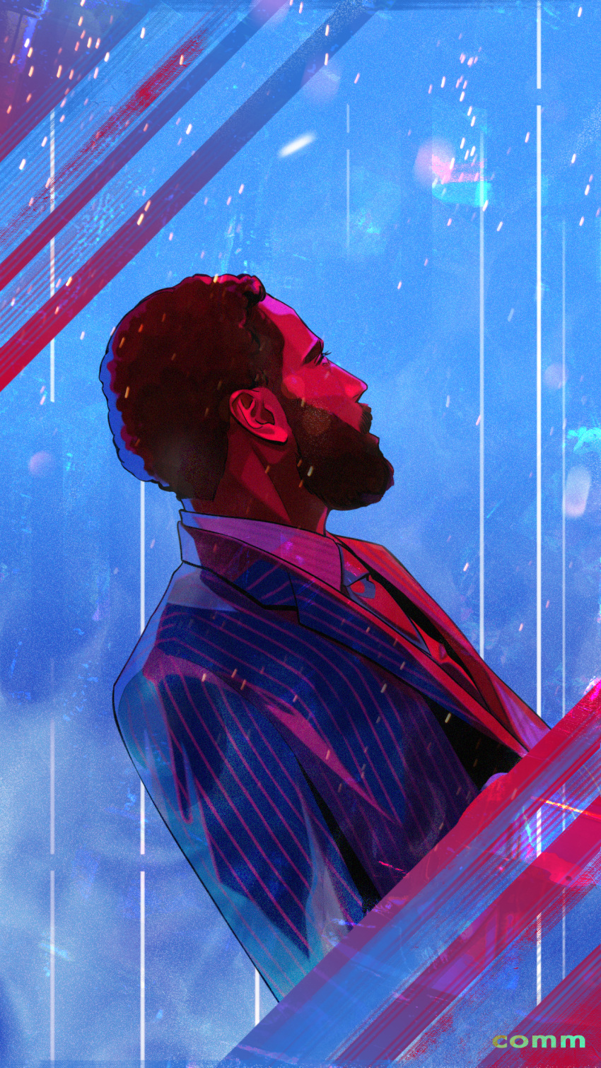 1boy artist_name beard black_suit comm327 dark-skinned_male dark_skin facial_hair formal highres looking_to_the_side male_focus necktie profile protagonist_(tenet) shirt solo striped_suit suit tenet_(movie) upper_body white_shirt