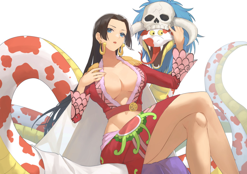 1girl ao_tsukushi black_hair blue_eyes blush boa_hancock breasts cleavage cleavage_cutout clothing_cutout crossed_legs dress earrings forked_tongue highres jewelry large_breasts long_hair looking_at_viewer one_piece open_mouth print_shirt print_skirt red_shirt red_skirt salome_(one_piece) shirt simple_background sitting skirt skull snake snake_earrings solo tongue