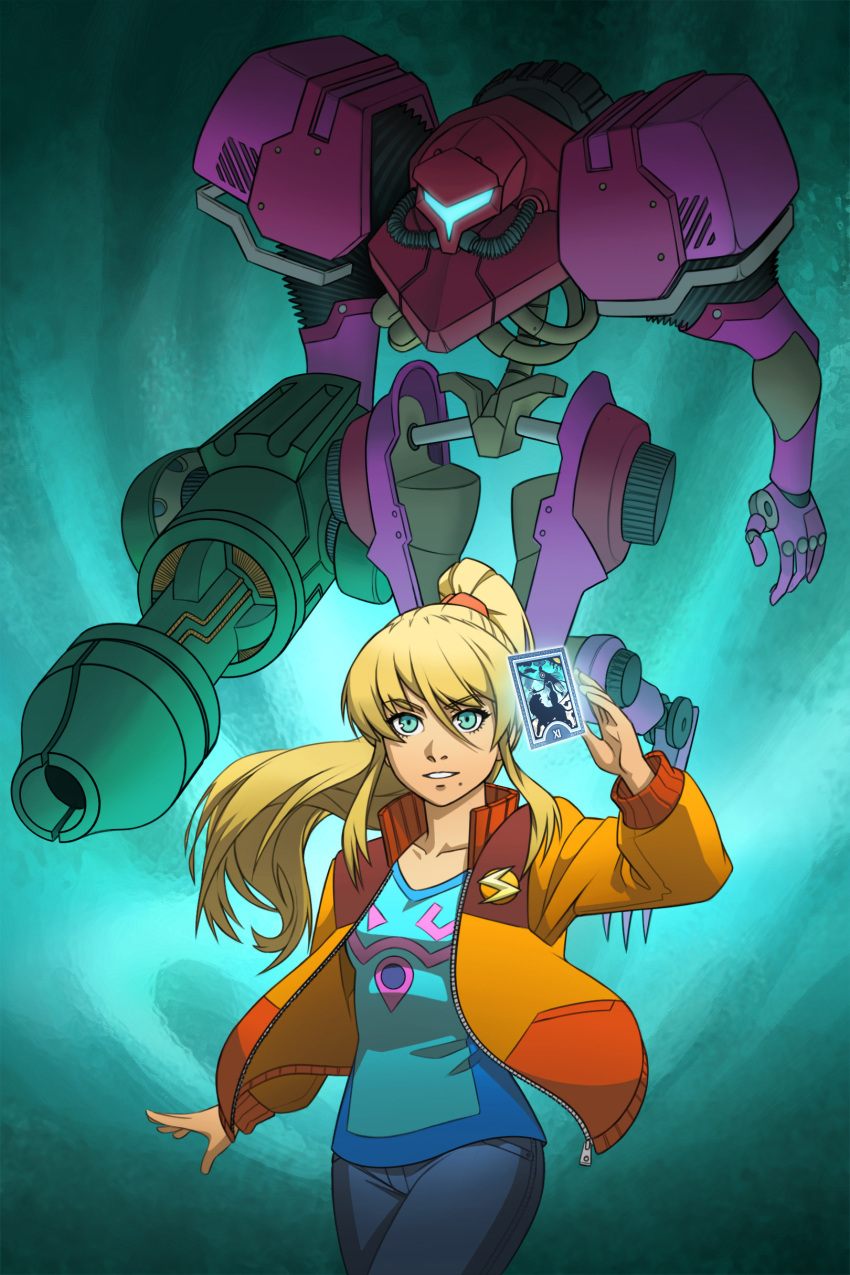 1girl absurdres adapted_costume aqua_background arm_cannon assault_visor blonde_hair blue_eyes blue_shirt commentary denim english_commentary gravity_suit_(metroid) guilhermerm highres jacket jeans long_hair looking_at_viewer metroid mole mole_under_mouth orange_jacket pants parody persona persona_(summon) photoshop_(medium) ponytail redrawn samus_aran shirt solo strength_(tarot) summoning super_smash_bros. tarot weapon