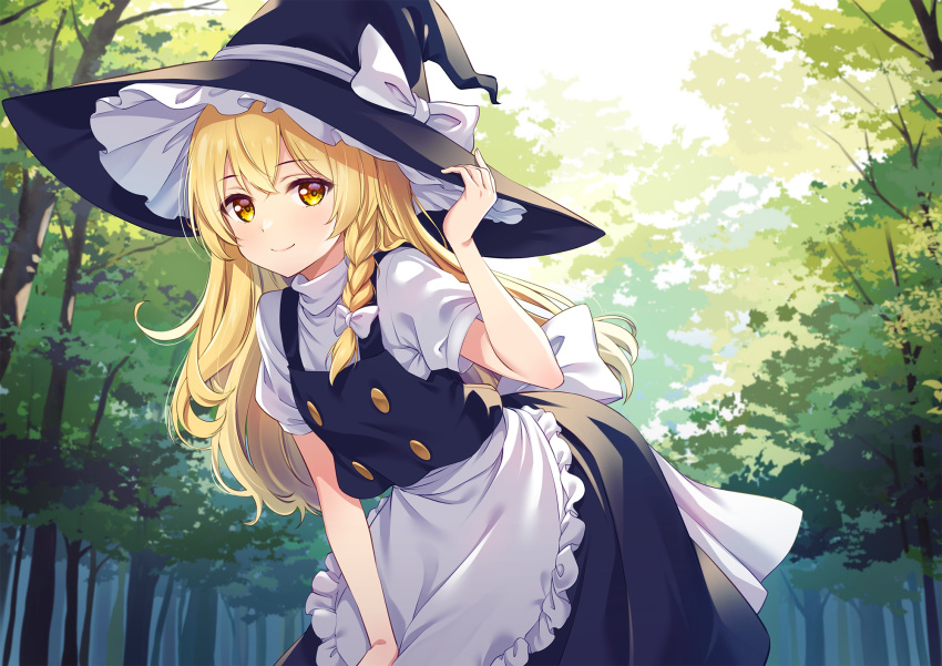 1girl apron black_headwear black_skirt black_vest blonde_hair bow braid closed_mouth forest frilled_apron frills hair_between_eyes hair_bow hat hat_bow highres kirisame_marisa long_hair murasaki_atsushi nature shirt short_sleeves single_braid skirt smile solo touhou tree vest waist_apron white_apron white_bow white_shirt witch_hat yellow_eyes