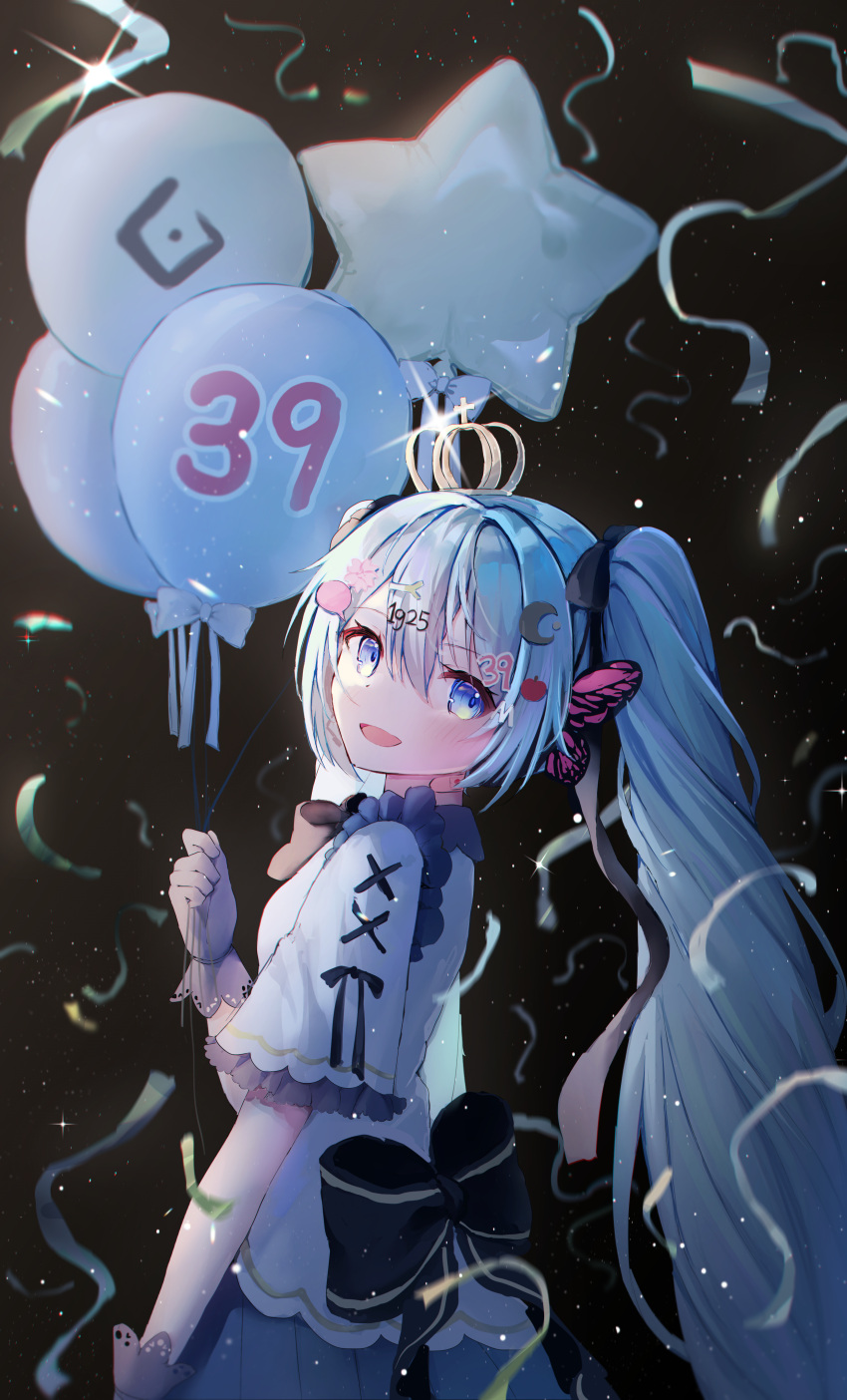 1girl 39 absurdres apple_hair_ornament aqua_hair balloon black_gloves black_ribbon blue_eyes bow butterfly_hair_ornament commentary cowboy_shot crescent crescent_hair_ornament crown drill_hair fate_(series) food-themed_hair_ornament gloves hair_ornament hair_ribbon hatsune_miku highres holding holding_balloon long_hair looking_at_viewer looking_to_the_side number_hair_ornament ribbon ririru shirt short_sleeves solo tilted_headwear twin_drills twintails very_long_hair vocaloid waist_bow white_shirt