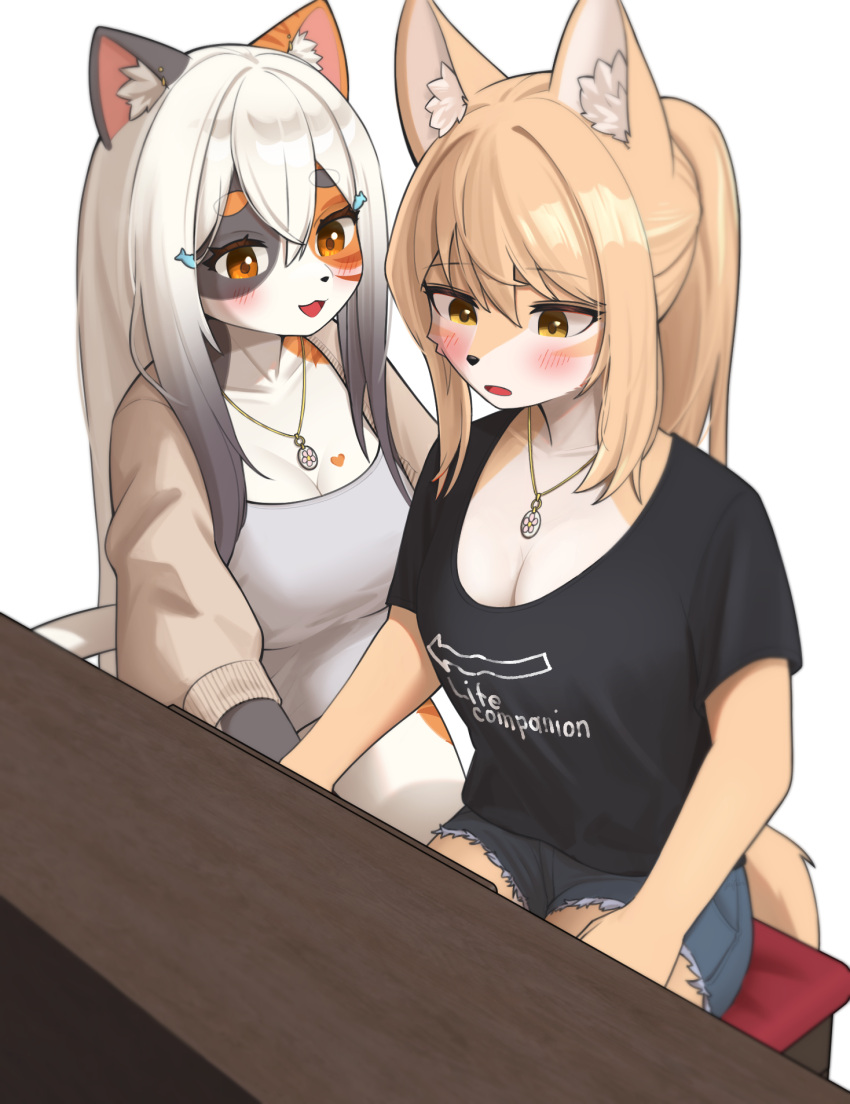 2girls animal_ears black_shirt blonde_hair breasts cat_ears cat_tail fish_hair_ornament fox_ears fox_tail furry furry_female grey_shirt hair_ornament highres instrument jeifier_(korfiorano01) jewelry long_hair long_sleeves medium_breasts multiple_girls music necklace open_mouth orange_eyes original piano playing_instrument playing_piano ponytail shirt shorts sitting sweater tail white_hair yellow_eyes