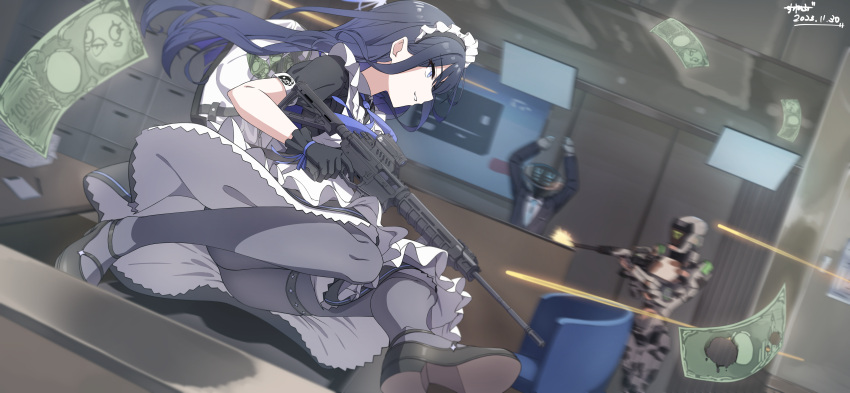 1boy 1girl 1other absurdres alternate_costume android_(blue_archive) apron bad_anatomy black_dress black_footwear black_gloves black_hair black_pantyhose blue_archive blue_eyes dated dress enmaided foreshortening frilled_apron frills gloves gun highres holding holding_gun holding_weapon long_hair maid maid_headdress money open_mouth pantyhose saori_(blue_archive) shoes short_sleeves signature sunebu_(snake_boo2) waist_apron weapon white_apron