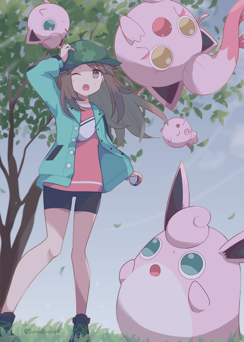 1girl 343rone ;o absurdres arm_up bangs black_footwear black_shorts brown_eyes brown_hair buttons commentary_request evolutionary_line falling_leaves grass green_headwear green_jacket hat highres holding holding_poke_ball igglybuff jacket jigglypuff knees leaf leaf_(pokemon) leaf_(sygna_suit)_(pokemon) long_hair long_sleeves official_alternate_costume one_eye_closed open_clothes open_jacket open_mouth pink_shirt poke_ball poke_ball_(basic) pokemon pokemon_(creature) pokemon_(game) pokemon_masters_ex scream_tail shirt shoes shorts standing tree wigglytuff wind