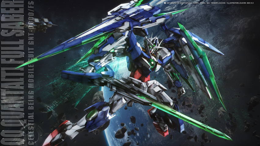 00_qan[t] 00_qan[t]_full_saber absurdres asteroid character_name earth_(planet) exhaust flying glowing glowing_eyes green_eyes gundam gundam_00 gundam_00_a_wakening_of_the_trailblazer highres holding holding_sword holding_weapon in_orbit legs_apart lolicon_(lolicon42051636) mecha mobile_suit no_humans photoshop_(medium) planet robot science_fiction shield solo space space_station spacecraft sword v-fin weapon