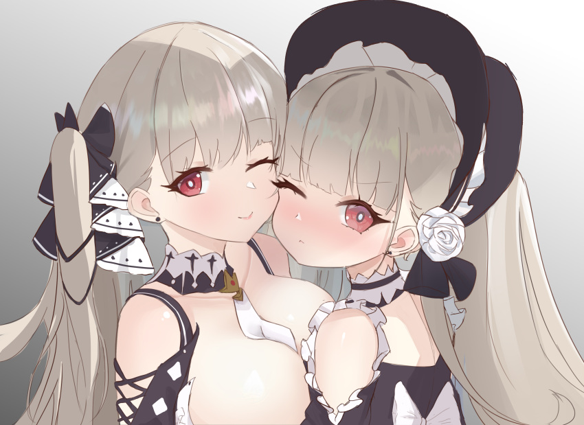 2girls :&lt; absurdres azur_lane black_dress bonnet breasts bright_pupils closed_mouth collarbone dlinne dress dual_persona earrings female_child flower formidable_(azur_lane) frown gradient_background grey_background grey_hair hair_flower hair_ornament highres huge_breasts jewelry lipstick little_formidable_(azur_lane) looking_at_viewer makeup multiple_girls one_eye_closed red_eyes rose smile twintails white_flower white_pupils white_rose