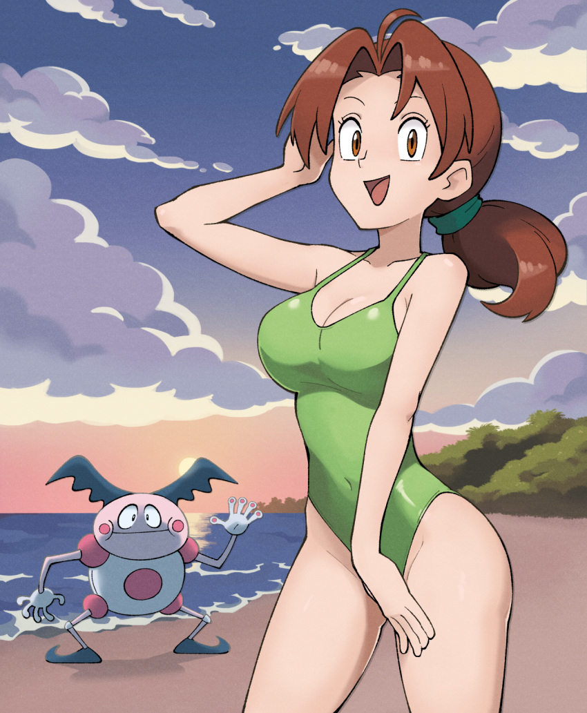 1girl alternate_breast_size antenna_hair bare_shoulders barefoot beach bikini blue_sky breasts brown_eyes brown_hair cleavage cloud cloudy_sky collarbone covered_navel cowboy_shot delia_ketchum evening gradient_sky green_bikini green_one-piece_swimsuit highleg highleg_swimsuit highres large_breasts lips long_hair looking_at_viewer low_ponytail medium_breasts mr._mime ocean one-piece_swimsuit open_mouth orange_sky outdoors parted_bangs pokemon pokemon_(anime) pokemon_(classic_anime) pokemon_(creature) ponytail salute shiny_clothes shiny_skin simple_background sky smile standing stealth_brock sunset swimsuit water