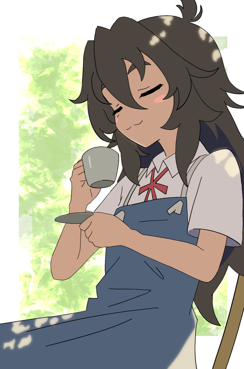 1girl :3 ahoge biki_srms black_hair blush_stickers closed_eyes closed_mouth coffee_mug collared_shirt commentary cup dappled_sunlight dark-skinned_female dark_skin day do_it_yourself!! highres holding holding_cup holding_saucer kouki_kokoro long_hair mug neck_ribbon outdoors red_ribbon ribbon saucer school_uniform shirt short_sleeves smile solo standing sunlight white_shirt wind wing_collar