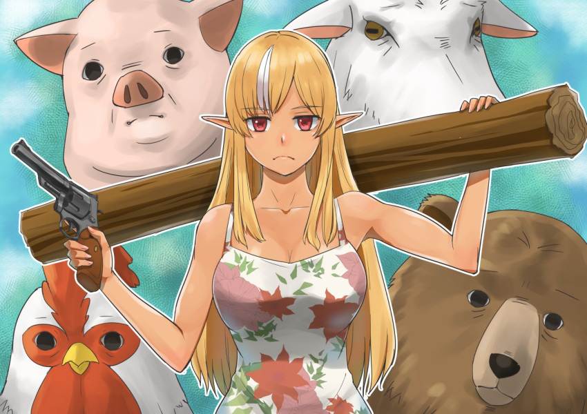 1girl bear bird blonde_hair breasts chicken cleavage commentary_request cow dark-skinned_female dark_skin dress frown gun holding holding_gun holding_weapon hololive large_breasts leaf_print log long_hair multicolored_hair pig pointy_ears revolver shiranui_flare sidelocks solo streaked_hair trigger_discipline two-tone_hair upper_body virtual_youtuber weapon white_dress white_hair yoohei_(pizzadev)
