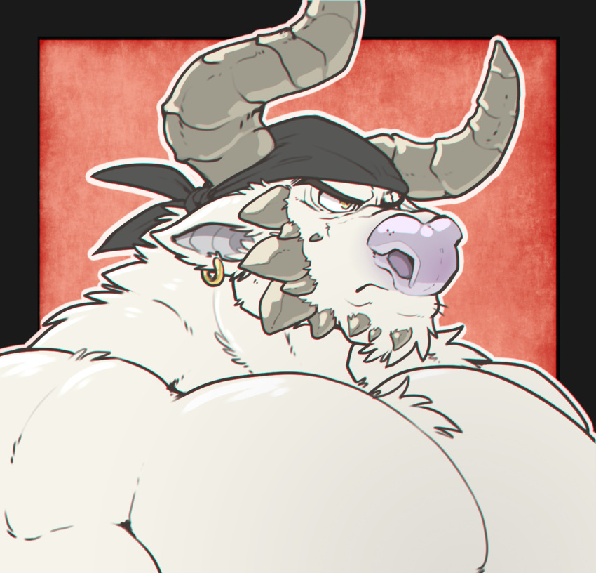 2017 2_horns annoyed anthro bandanna bear biceps big_pecs black_bandanna black_kerchief bovid bovine cattle deltoids dire_bear ear_piercing ear_ring facial_spikes fur grimfaust_(nightterror) hi_res horn hybrid kerchief male mammal muscular muscular_anthro muscular_male nightterror pecs piercing polar_bear ring_piercing solo spikes spikes_(anatomy) ursine white_body white_fur yellow_eyes