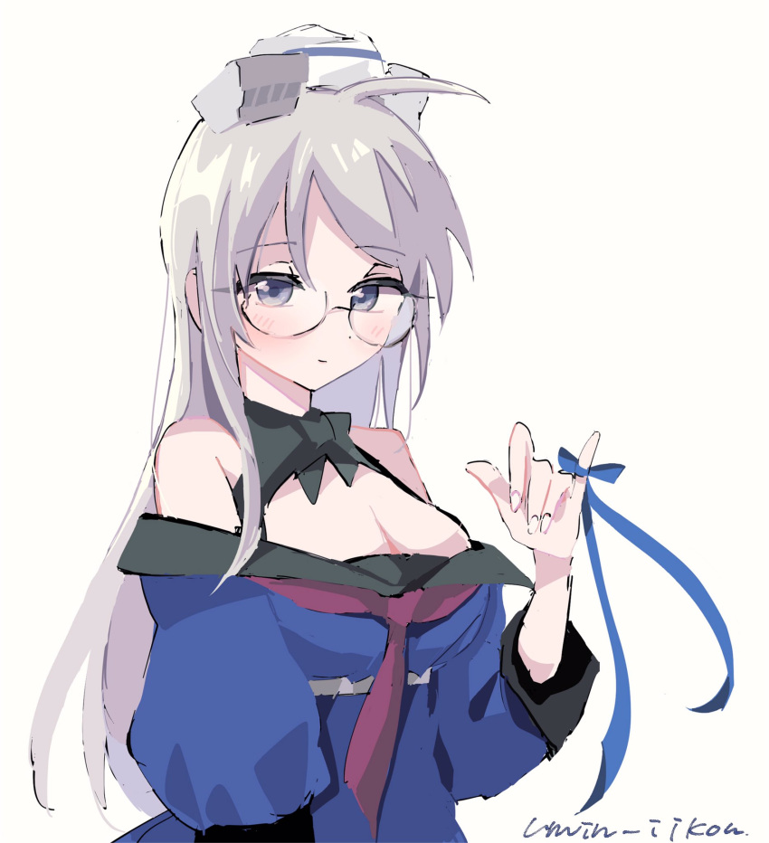 1girl bare_shoulders blue_ribbon blush breasts cleavage closed_mouth glasses grey_hair hat headgear heywood_l._edwards_(kancolle) highres kantai_collection long_hair looking_at_viewer medium_breasts neckerchief pinky_out ribbon sailor_collar samekun_(samekun_s) school_uniform serafuku simple_background solo twitter_username white_background