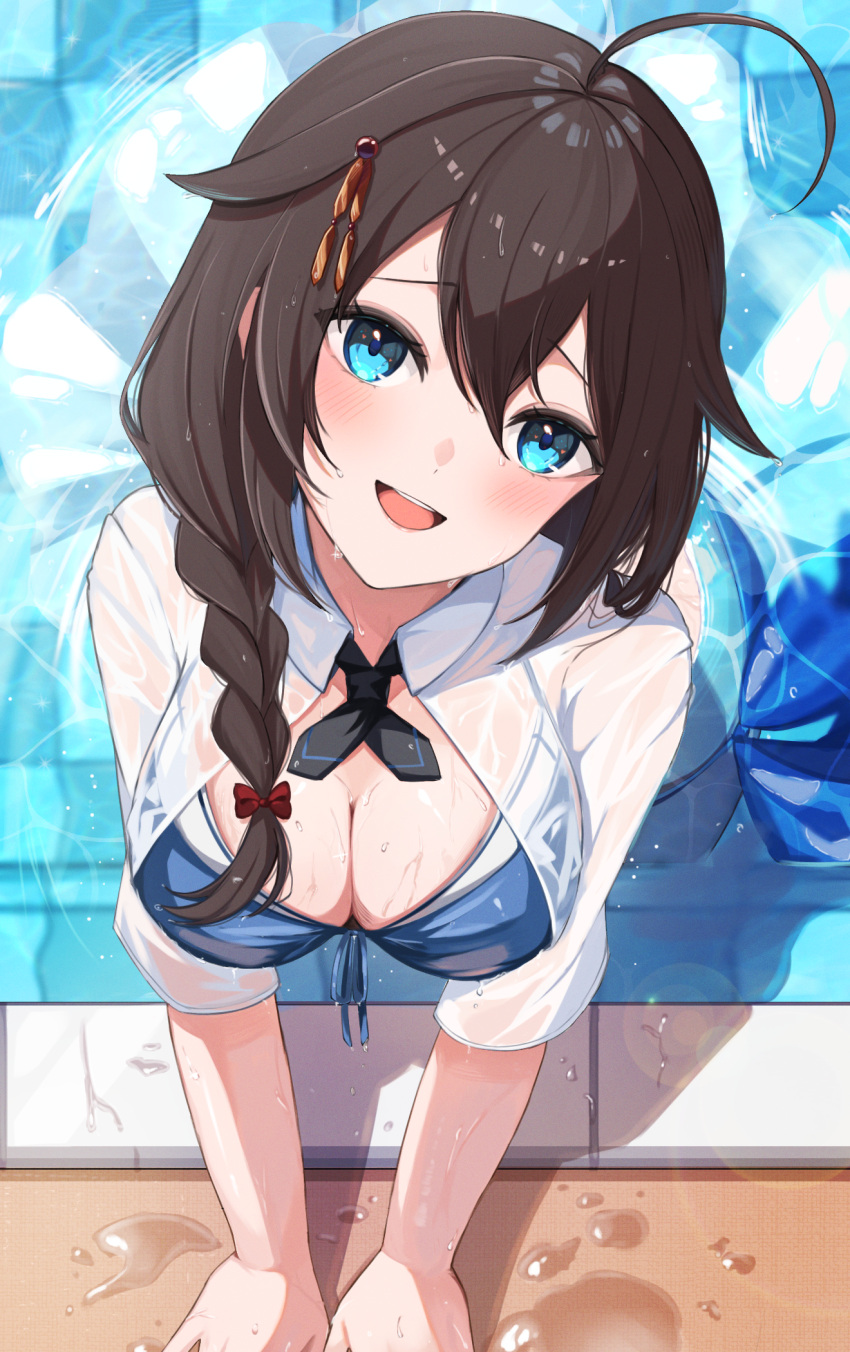1girl ahoge bikini black_hair black_ribbon blue_bikini blue_eyes braid breasts cleavage collared_shirt dress_shirt front-tie_bikini_top front-tie_top hair_flaps hair_over_shoulder highres kantai_collection large_breasts neck_ribbon official_alternate_costume poolside ranran_3939 ribbon shigure_(kancolle) shigure_kai_san_(kancolle) shirt single_braid solo swimsuit upper_body water wet wet_clothes white_shirt