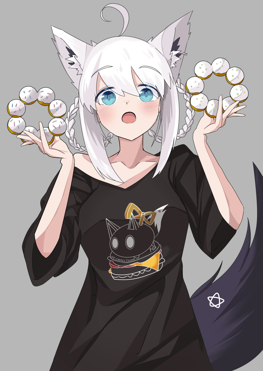 1girl :o absurdres ahoge animal_ear_fluff animal_ears black_shirt blue_eyes braid burger commentary_request cowboy_shot doughnut ear_piercing food fox_ears fox_girl fox_tail grey_background hair_between_eyes highres hololive nejima_kitsune_(shirakami_fubuki) open_mouth pentagram piercing sasamiya shirakami_fubuki shirakami_fubuki_(7th_costume) shirt sidelocks simple_background solo tail twin_braids white_hair