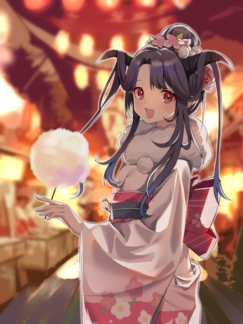 1girl absurdres amamiyayk black_hair blue_archive blush cotton_candy fang flower food fur-trimmed_kimono fur_trim fuuka_(blue_archive) fuuka_(new_year)_(blue_archive) gradient_kimono hair_flower hair_ornament highres holding holding_food japanese_clothes kimono long_hair long_sleeves obi official_alternate_costume open_mouth pink_flower red_eyes sash smile solo wide_sleeves