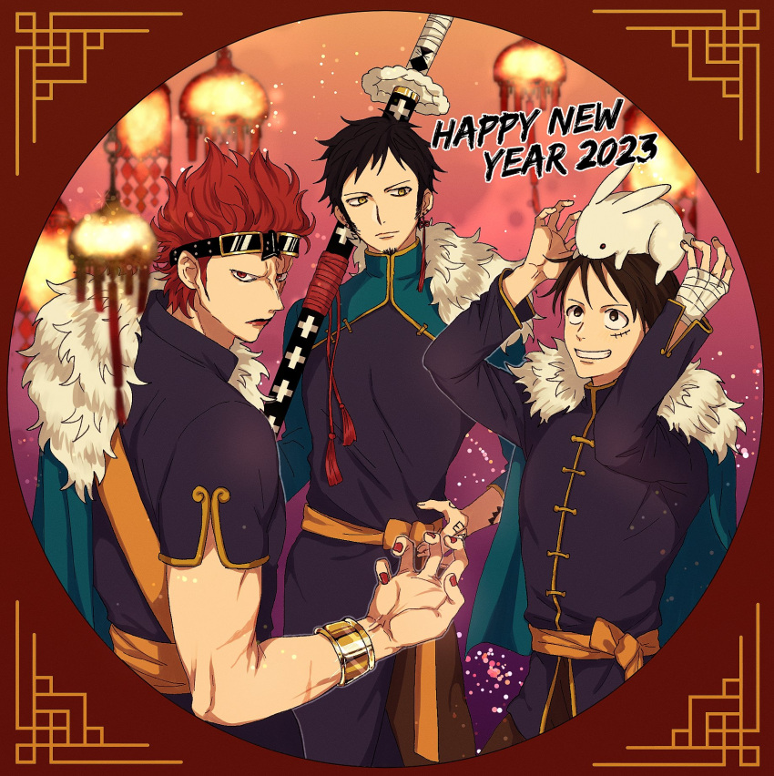 2023 3boys arms_up bandaged_hand bandages black_hair chinese_clothes closed_mouth commentary_request earrings eustass_kid facial_hair fur_trim goatee goggles goggles_on_head grin hand_tattoo hand_up happy_new_year highres holding holding_sheath holding_sword holding_weapon jewelry long_sleeves looking_at_viewer male_focus monkey_d._luffy multiple_boys one_piece pants piratesebine rabbit red_eyes red_hair red_nails scar scar_on_face sheath sheathed short_hair smile standing sword tangzhuang tattoo teeth trafalgar_law weapon yellow_eyes