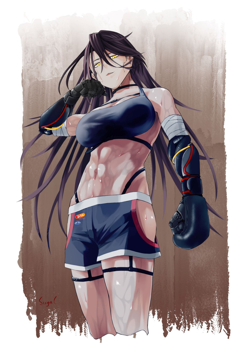 1girl abs absurdres bandaged_arm bandages boxing_gloves breasts brown_hair commentary cowboy_shot cropped_legs dark-skinned_female dark_skin girls'_frontline girls'_frontline_neural_cloud hair_between_eyes highres large_breasts long_hair looking_at_viewer magnhilda_(neural_cloud) mechanical_arms muscular muscular_female open_mouth shorts sports_bra sugac sweat yellow_eyes
