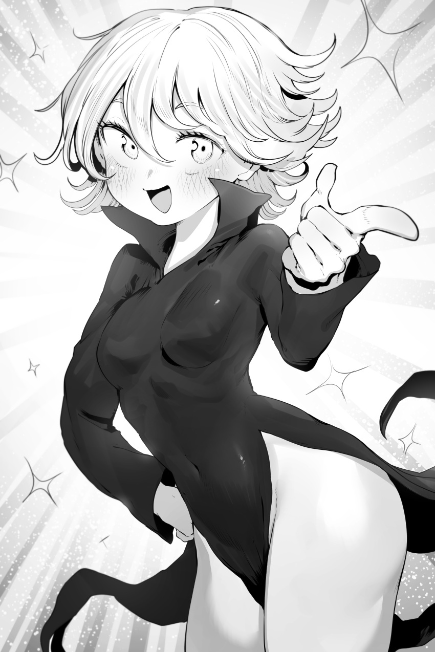 1girl absurdres blush breasts collared_dress covered_navel cowboy_shot dress eyelashes finger_gun flipped_hair foreshortening greyscale hair_between_eyes hand_on_own_hip highres leaning_forward long_sleeves looking_at_viewer monochrome niwarhythm one-punch_man open_mouth out_of_character pelvic_curtain short_hair small_breasts smile solo sparkle tatsumaki thighs