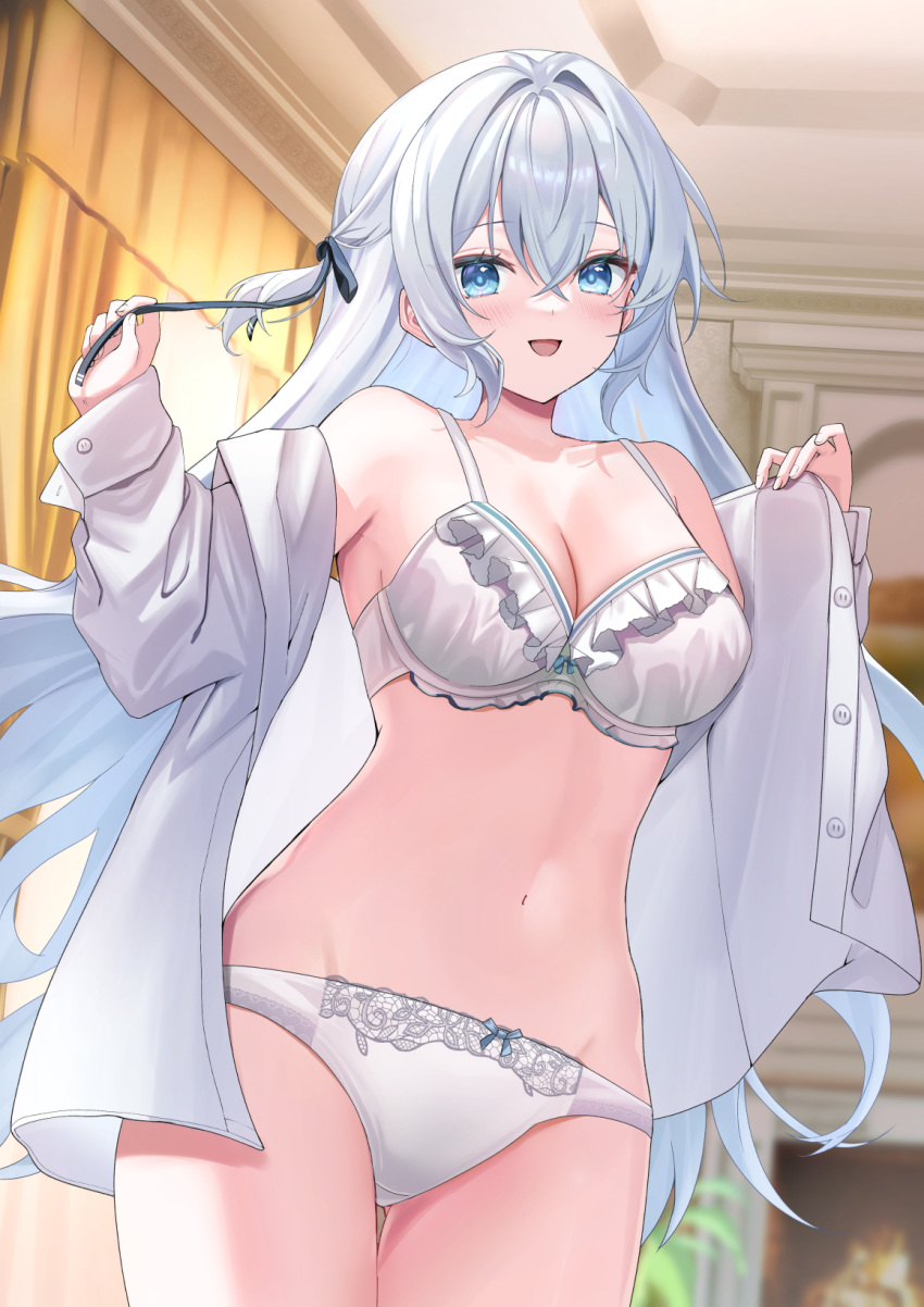 1girl ass_visible_through_thighs bare_shoulders blue_eyes blush bow bow_bra bow_panties bra breasts cleavage grey_hair hair_bow highres hitachi_sou lace-trimmed_bra lace-trimmed_panties lace_trim long_hair looking_at_viewer medium_breasts navel off_shoulder open_clothes open_mouth open_shirt original panties skirt smile solo standing thighs underwear undressing very_long_hair white_bra white_panties white_skirt