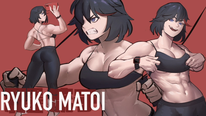 1girl abs black_hair blue_eyes cellphone clothes_lift english_text exercise fang highres kill_la_kill looking_at_viewer looking_back looking_to_the_side matoi_ryuuko multicolored_hair muscular muscular_female phone red_background red_hair selfie shirt_lift short_hair smartphone solo tank_top toned watch wristwatch zukululuu