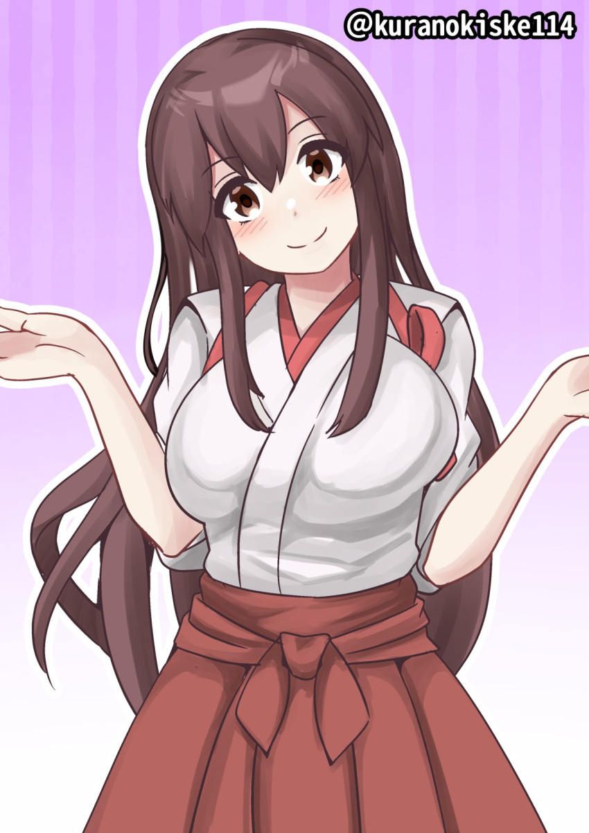 1girl akagi_(kancolle) breasts brown_eyes brown_hair gradient_background hakama hakama_short_skirt hakama_skirt highres japanese_clothes kantai_collection kurano_kisuke large_breasts long_hair looking_at_viewer one-hour_drawing_challenge purple_background red_hakama shrugging skirt smile solo straight_hair tasuki twitter_username