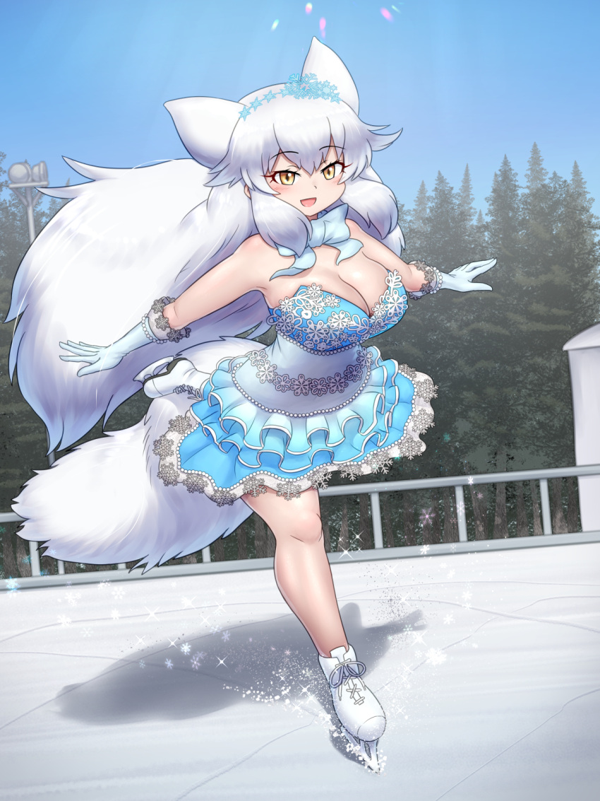 animal_ears arctic_fox_(kemono_friends) breasts cleavage dress figure_skating fox_ears fox_girl fox_tail gloves highres ice_skates ice_skating kemono_friends large_breasts lens_flare long_hair mo23 open_mouth outstretched_arms short_dress skates skating smile spread_arms tail tree very_long_hair white_gloves white_hair yellow_eyes