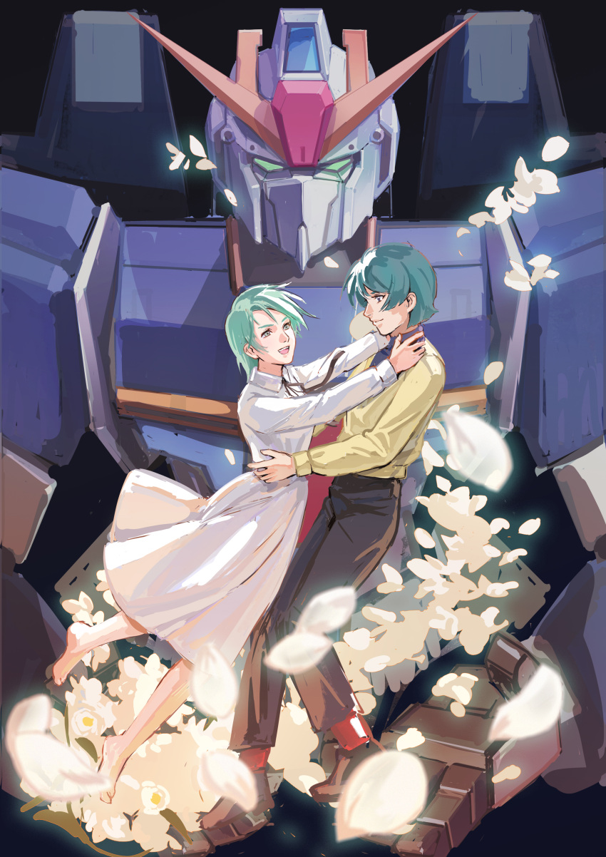 1boy 1girl absurdres alternate_universe barefoot couple dress english_commentary four_murasame good_end gundam hangar highres hug kamille_bidan mecha nekkikamille petals robot science_fiction spoilers upper_body zero_gravity zeta_gundam zeta_gundam_(mobile_suit)