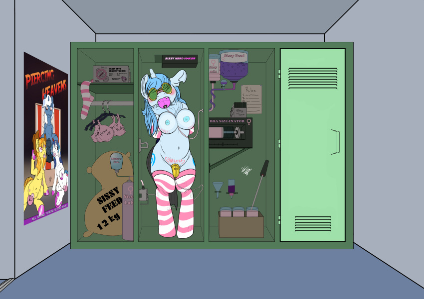 absurd_res arthropod blush body body_writing boobs_against_locker_door breast_expansion breasts changeling chastity_cage chastity_device clothing denton expansion eyewear feminization feral footwear friendship_is_magic gamer_socks glasses gold hasbro herm hi_res hormones hypnosis icefumy implied_cock_shrinking intersex locker_room mind_control my_little_pony nerdification socks solo urethral