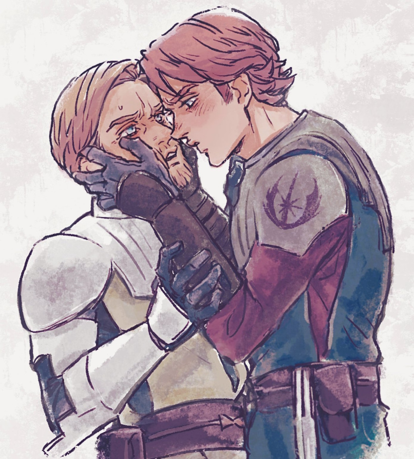 2boys anakin_skywalker beard blonde_hair blush brown_hair energy_sword facial_hair galactic_republic gloves highres imminent_kiss jedi lightsaber male_focus multiple_boys obi-wan_kenobi simple_background star_wars star_wars:_the_clone_wars sword teeth upper_teeth_only weapon yaoi yukimdisot