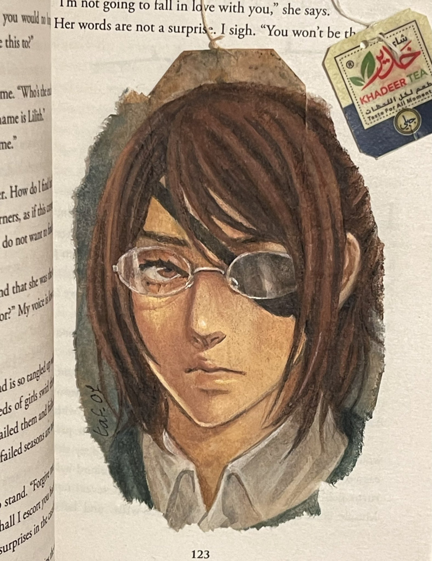 1other arabic_text artist_name brown_eyes brown_hair collared_shirt cropped_head expressionless eyelashes glasses hange_zoe highres looking_ahead photo_(medium) ponytail shingeki_no_kyojin shirt short_hair solo tafart teabag traditional_media unconventional_media