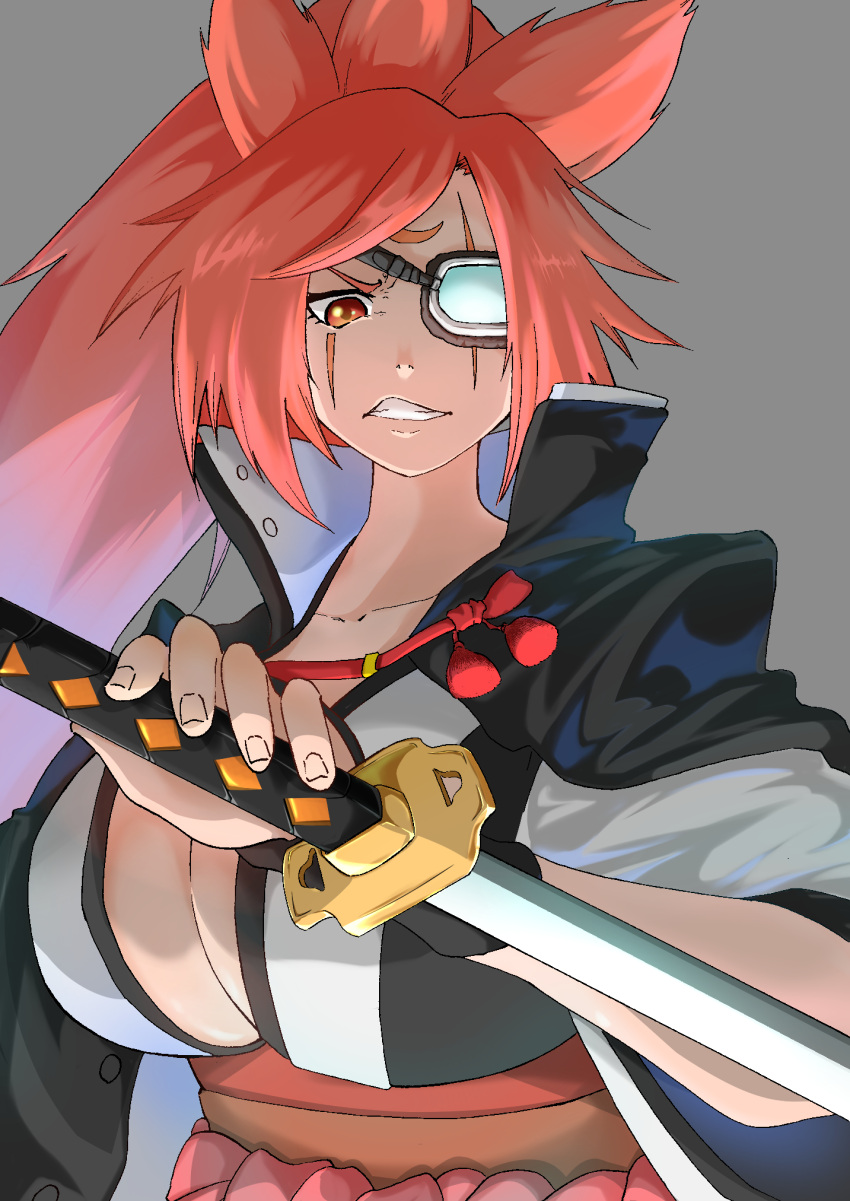 1girl a_yonaga381 baiken big_hair black_jacket black_kimono breasts eyepatch facial_tattoo guilty_gear guilty_gear_xrd highres holding holding_sword holding_weapon jacket jacket_on_shoulders japanese_clothes kataginu katana kimono large_breasts long_hair looking_at_viewer multicolored_clothes multicolored_kimono one-eyed open_clothes open_kimono pink_hair ponytail red_eyes samurai scar scar_across_eye sword tattoo weapon white_kimono