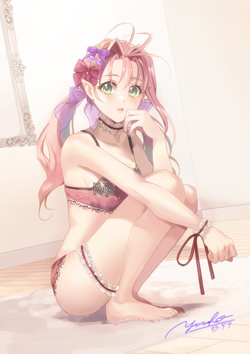 1girl absurdres barefoot blush bow bra breasts carpet choker collarbone dated frilled_bra frilled_bracelet frilled_choker frilled_straps frills green_eyes hair_behind_ear hair_bow hair_ribbon highres indoors looking_to_the_side low_twintails macross macross_7 mylene_jenius panties pink_choker pink_hair pink_panties pointy_ears purple_bow purple_ribbon red_bow ribbon signature small_breasts solo surprised tachibana_yuzuho thigh_strap twintails underwear