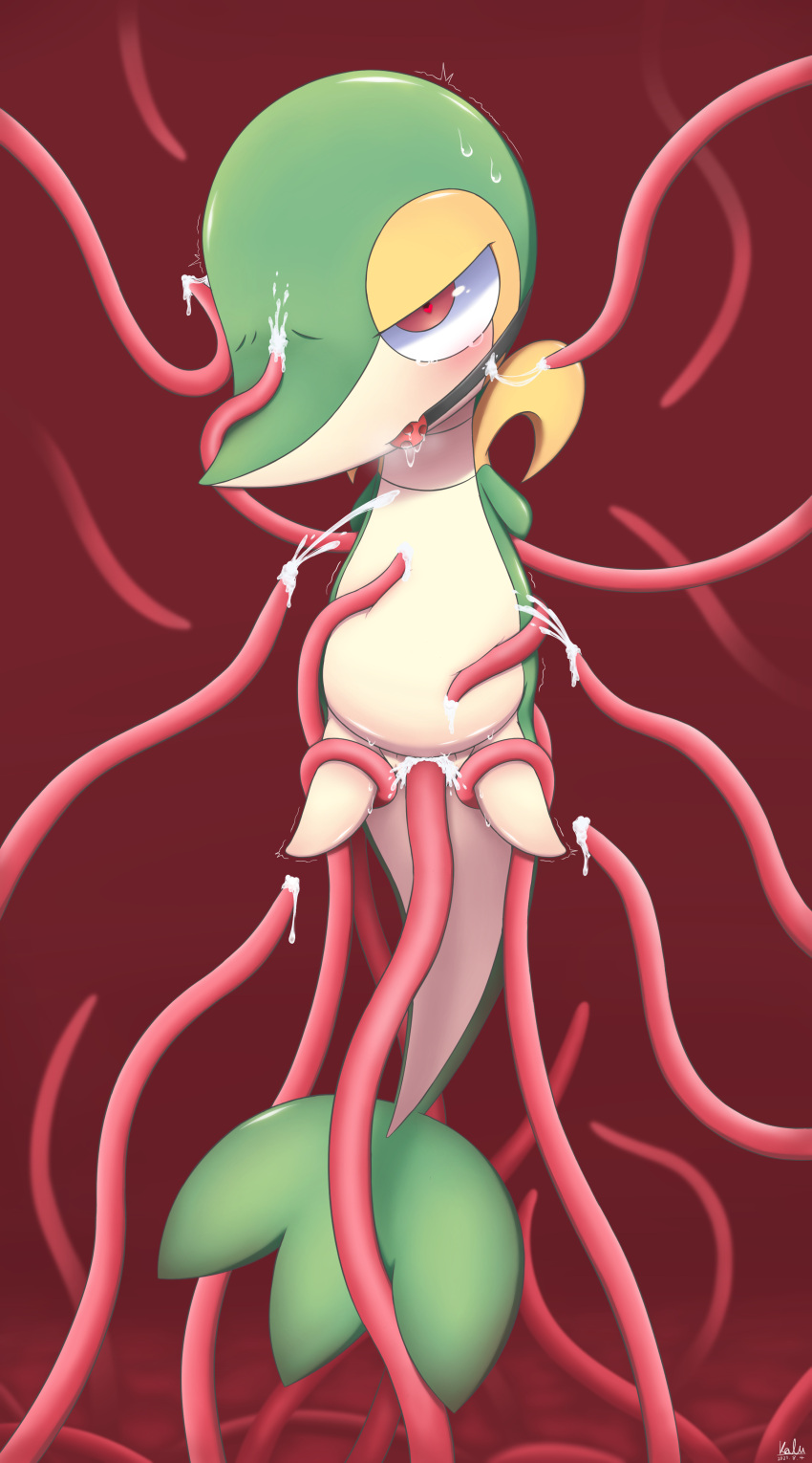 &lt;3 &lt;3_eyes absurd_res anthro ball_gag biped bodily_fluids cum cum_in_pussy cum_inside female gag generation_5_pokemon genital_fluids genitals green_body hi_res kalu_(pixiv) nintendo pokemon pokemon_(species) pussy red_eyes snivy solo sweat tan_body tentacles yellow_body