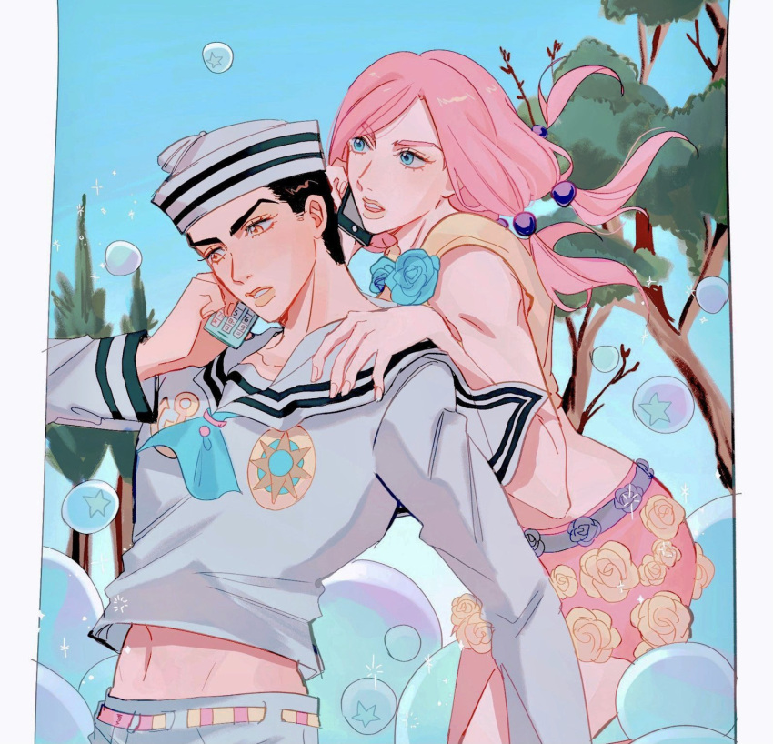 1boy 1girl black_hair blue_eyes bubble cellphone dixie_cup_hat flower flower_skirt hair_bobbles hair_ornament hat higashikata_josuke_(jojolion) highres hirose_yasuho holding holding_phone jojo_no_kimyou_na_bouken jojolion long_hair long_sleeves midriff_peek military_hat oratoza outdoors pants parted_lips phone pink_hair sailor shirt skirt talking_on_phone white_pants