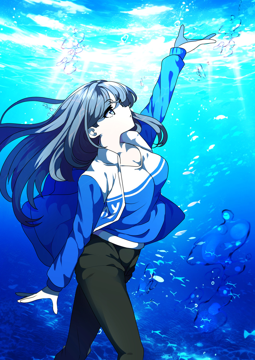 1girl :o absurdres black_pants blue_eyes blue_jacket blue_shirt blue_theme breasts brown_hair bubble cleavage english_commentary floating_hair highres jacket kjus6668 looking_at_viewer medium_breasts open_hand original pants shirt solo underwater walking