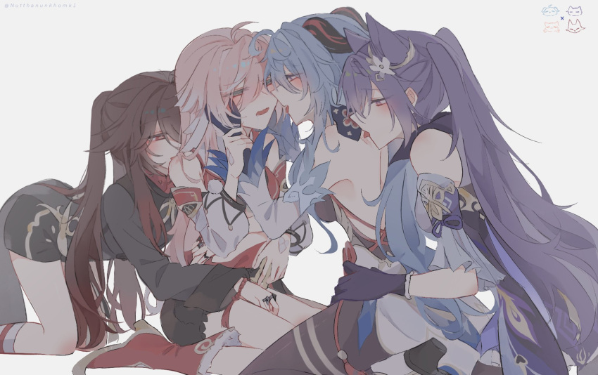 4girls after_kiss ahoge antlers arm_grab black_bloomers black_shorts blue_hair blush bodystocking braid breasts coattails collared_coat cone_hair_bun crop_top detached_sleeves double_bun dress ganyu_(genshin_impact) genshin_impact gloves hair_bun hair_ornament hands_on_another's_hips high_heels highres horns hu_tao_(genshin_impact) jewelry keqing_(genshin_impact) licking_back long_hair mandarin_collar medium_breasts multiple_girls no_headwear nutthanunkhomk1 pantyhose pink_hair purple_eyes purple_gloves purple_hair ring saliva scales shorts symbol-shaped_pupils tailcoat twintails yanfei_(genshin_impact) yuri